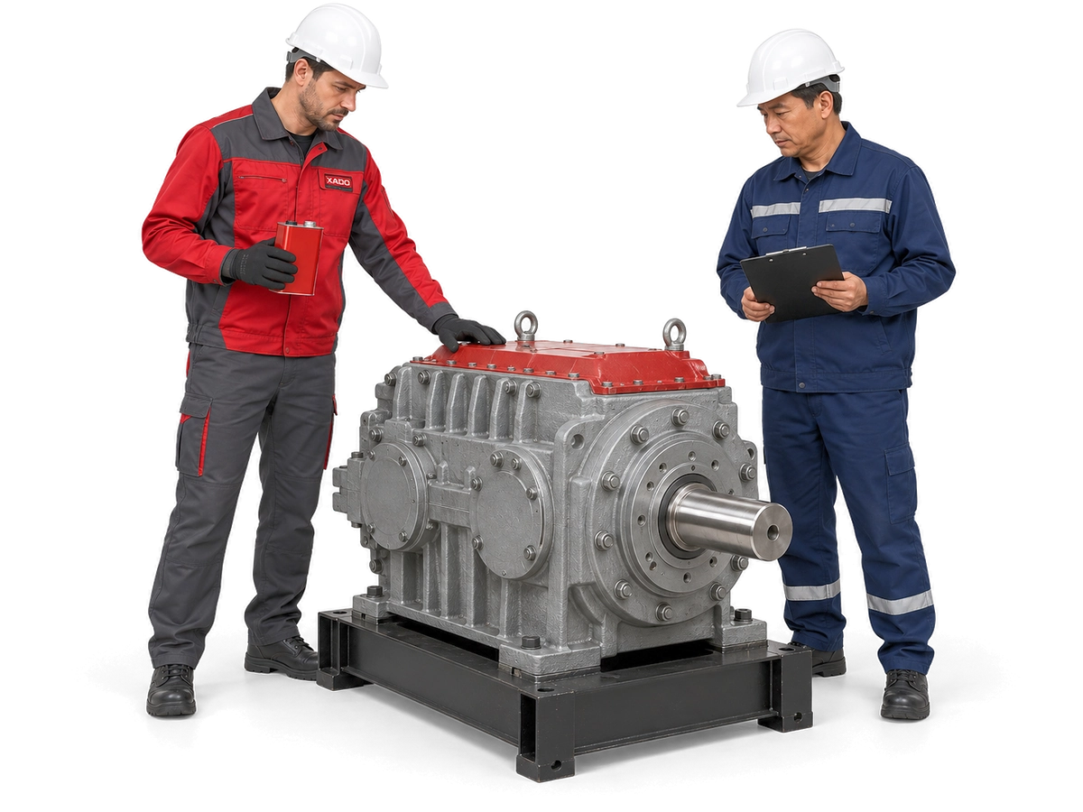 Chuyên gia XADO và kỹ sư trưởng cơ khí của doanh nghiệp bên hộp giảm tốc công nghiệp đặt trên thân máy